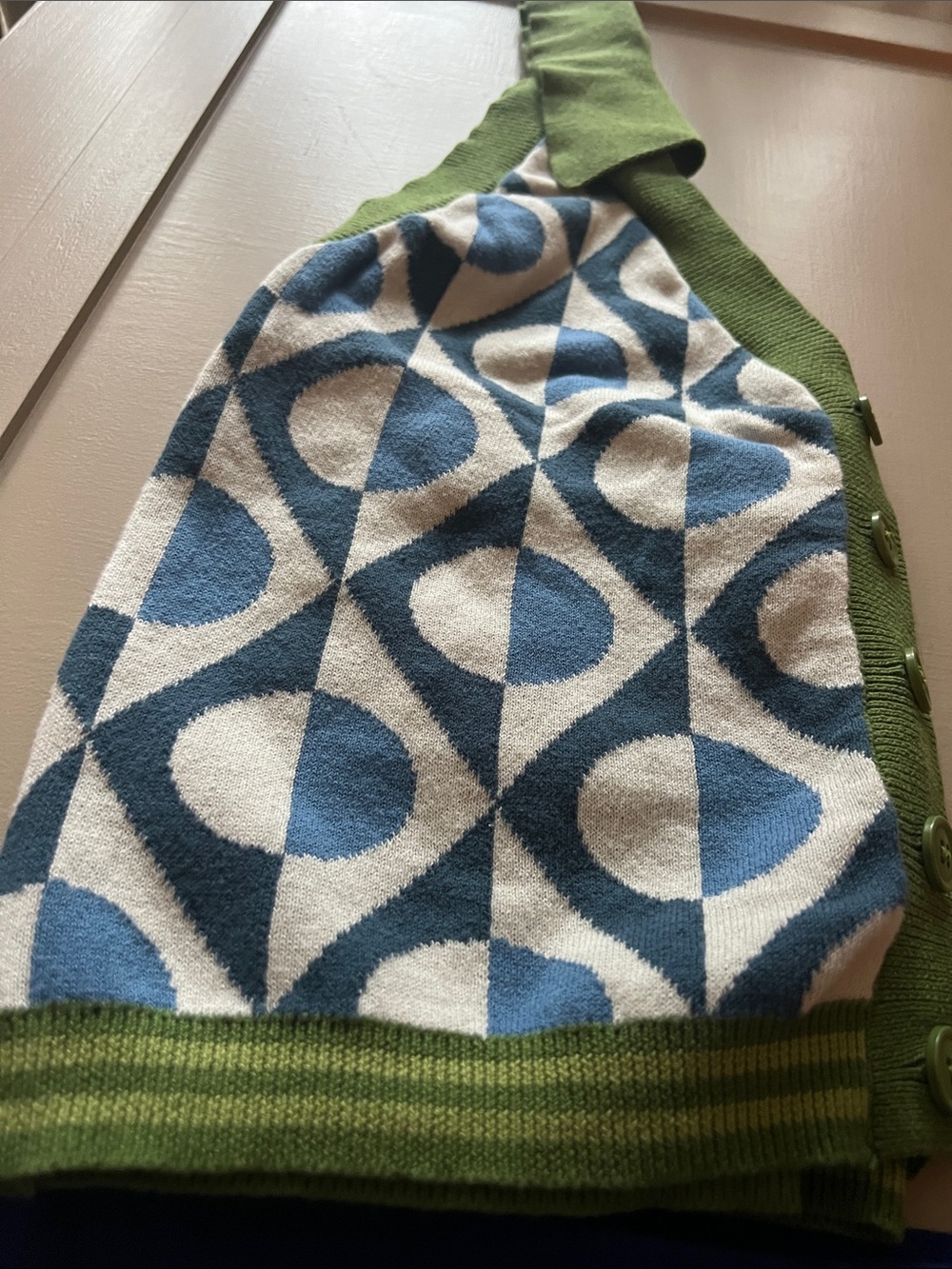 OxKnit Geometric Knit Button-Front Halter Top in Green and Blue - Picture 3 of 3